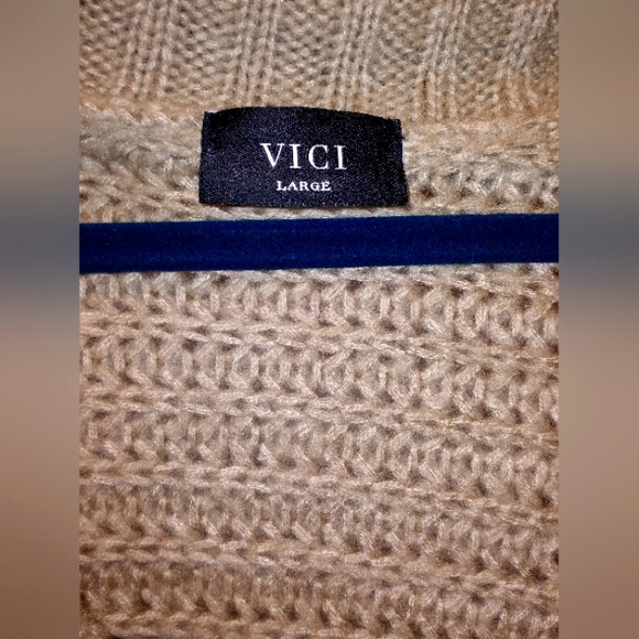 VICI Knit Tan Shawl Collar V-Neck Pullover Cropped Balloon Sleeve Sweater Large - Picture 2 of 5